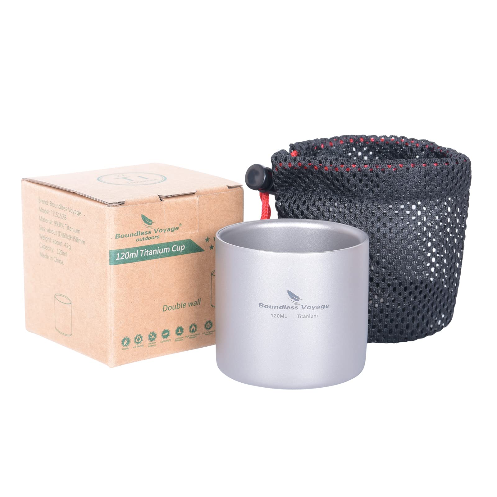 iBasingo 120ml Titanium Double-Walled Cup Cold Hot Insulated Tea Coffee Cup Ultralight Metal Drinking Mug Durable Portable Tableware for Outdoor Camping Hiking Backpacking Picnic Daily Used Ti3027D