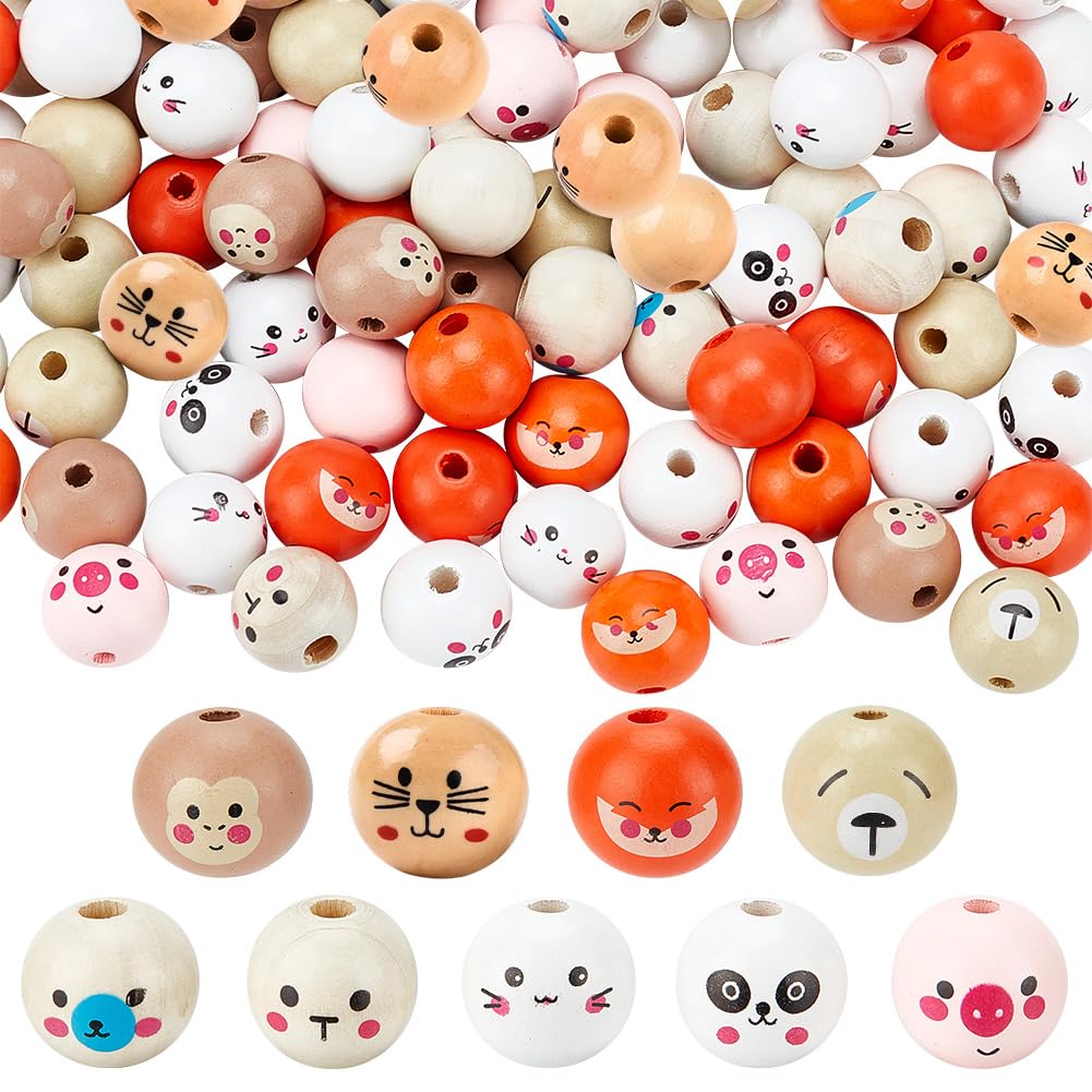 OLYCRAFT 90Pcs 9 Colors Animal Head Wood Beads - 20x17.5mm Round Wooden Spacer Beads for Jewelry Making & Craft Decoration