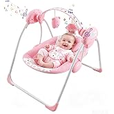 Baby Swing for Infants, Foldable Swing with 5 Speeds, 0-9 Months (6-20 lbs) | Pink Baby swing with Music &amp; Soothing, Cute Pattern Soft Cushion Seat,2 Timer &amp; Removable Bar, Indoor Use for Newborn Girl