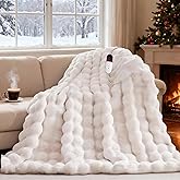AEPINBH Heated Blanket Throw with 6 Fast Heating Levels,4 Hours Auto-Off,50x60 Cozy Faux Rabbit Fur Bubble Washable Electric Blanket with Overheating Protection,ETL Certification(Cream)