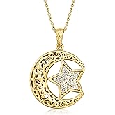 Ross-Simons 0.50 ct. t.w. White Zircon Moon and Star Pendant Necklace in 18kt Gold Over Sterling. 18 inches
