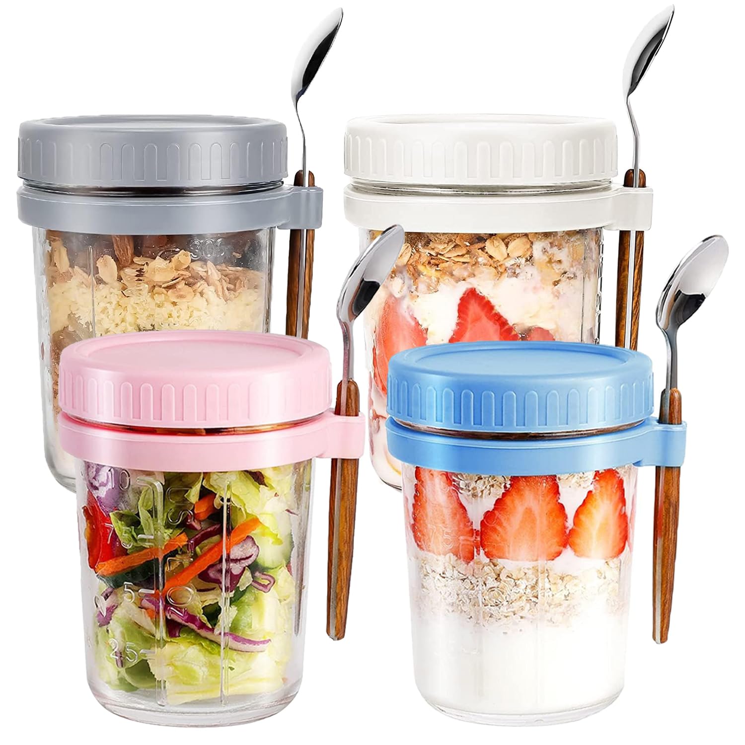 VITEVER 4 Pack Overnight Oats Jars, Overnight Oats Container with Lid and Spoon, 10 oz overnight glasses, Cereal, Milk, Vegetable and Fruit Salad Storage Container with Measurement Marks