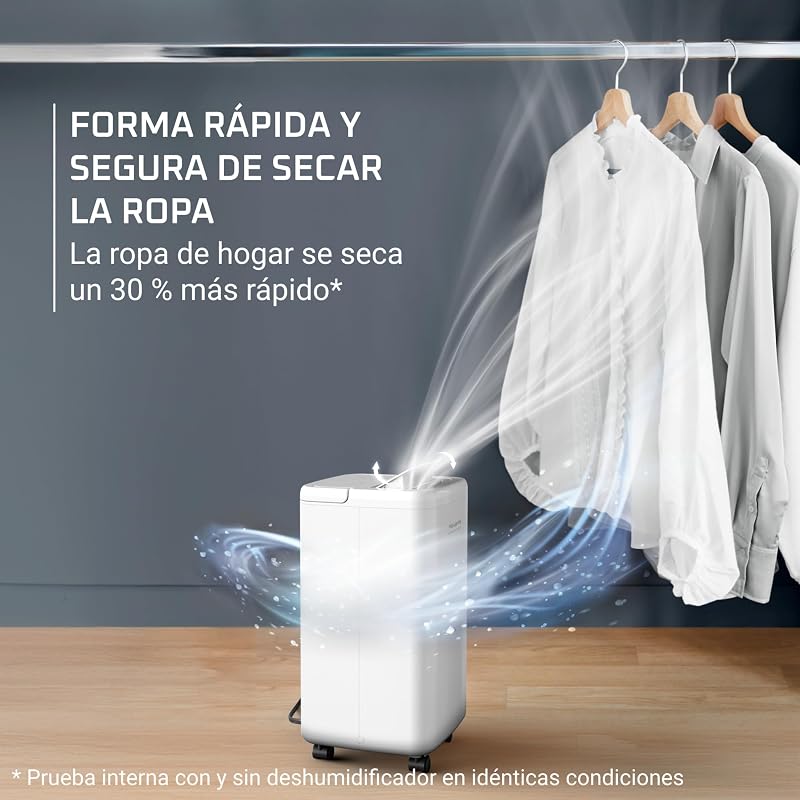 Compacto Extremamente Seco +, Desumidificador 16L/dia para divisões até 40m², secagem da roupa 30% mais rápida, silencioso <40,5dB, 3 modos com temporizador, indicador de humidade, DH5260F0