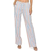 Cali1850 Women's Printed Linen Pants - 30" Inseam Drawstring Elastic Waist Casual Pull On Beach Lounge Trousers with Pockets