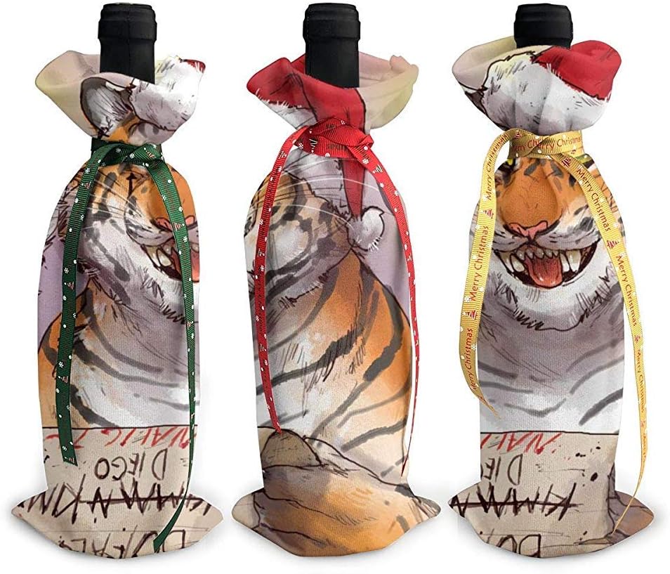Red Wine Bag,Christmas Tiger Santa Claus Writes Letter Creative Gift Wine Bottle Cover Bags for Theme Cosplay Parties 12x34cm