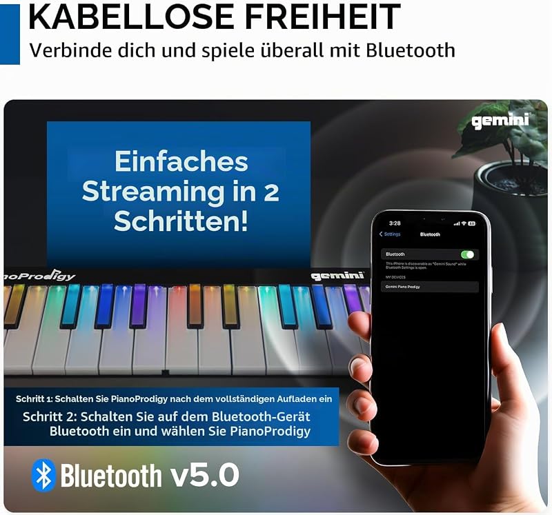 Sound PianoProdigy – Beleuchtete 24er Bluetooth-Tastatur – Tragbares und erweiterbares Piano für angehende Musiker – MIDI-Funk-Controller für iOS/Android-Geräte (erfordert eine App)