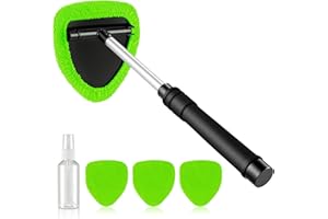 JUSTTOP Windshield Cleaner Tool, Car Interior&Exterior Window Cleaning Tool with Extendable Handle & 4 Reusable Microfiber Pads, Auto Glass Wiper Brush Kit for Cars (Green)