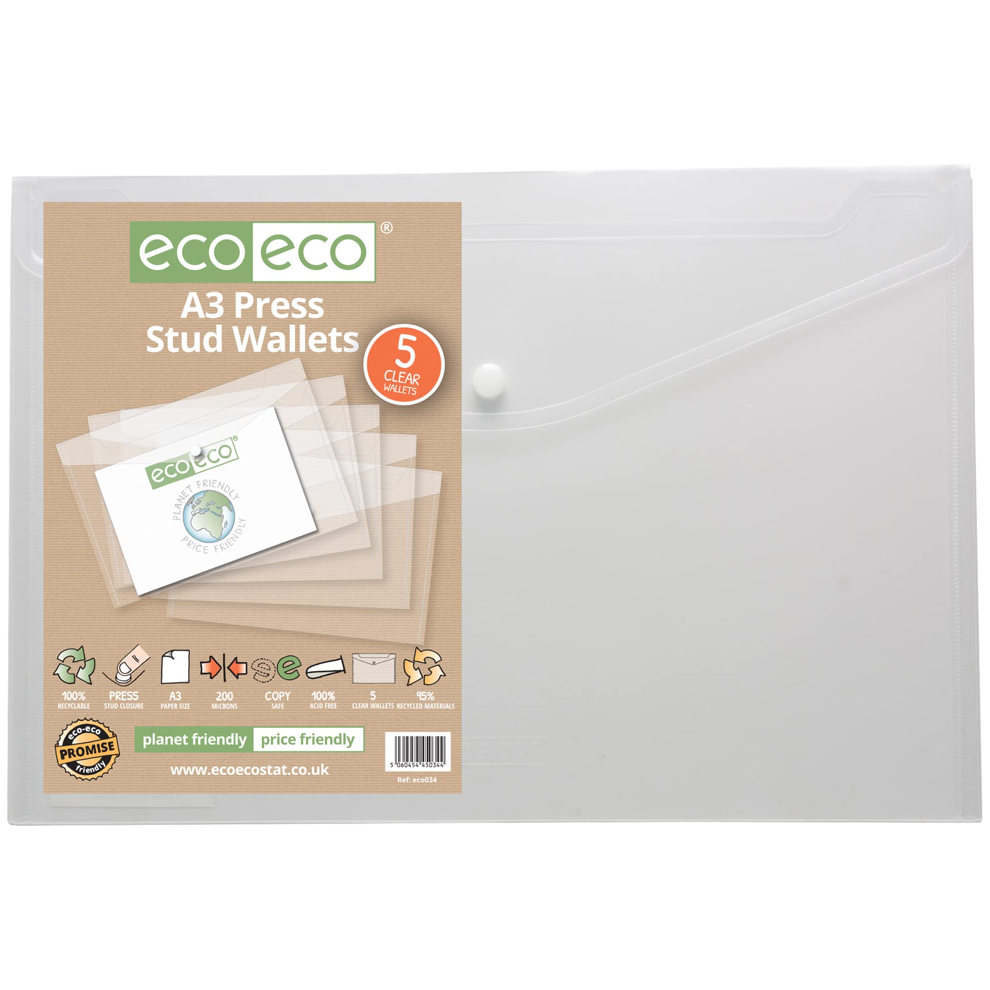eco-eco A3 50% Recycled Clear Transparent Press Stud Popper Wallet, Plastic Folders (Pack of 5)