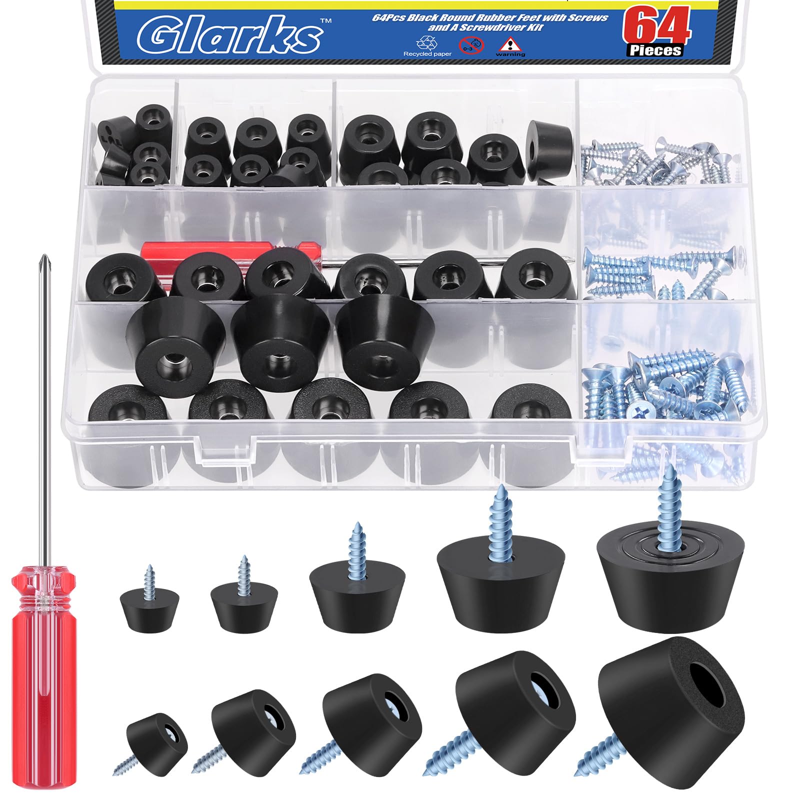 Glarks 64 Sets Black Cutting Board Rubber Feet Set Includes 64pcs Non Slip Rubber Feet Bumpers with 75pcs Stainless Steel Screws 1pcs Phillips Screwdriver for Furniture Electronics Kitchen Appliances