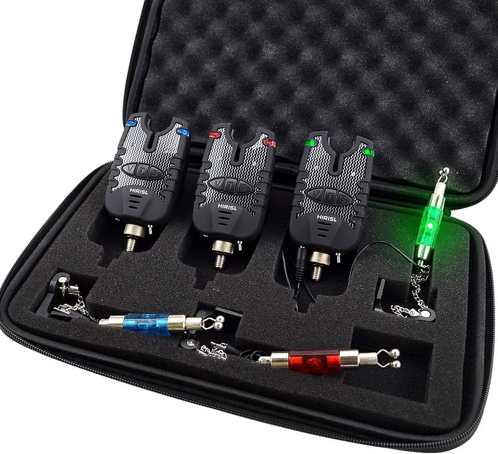 TMC 3 x Carp Fishing Bite Alarm and illuminated Swinger Set. Red, Blue and Green LED's, Water Resistant