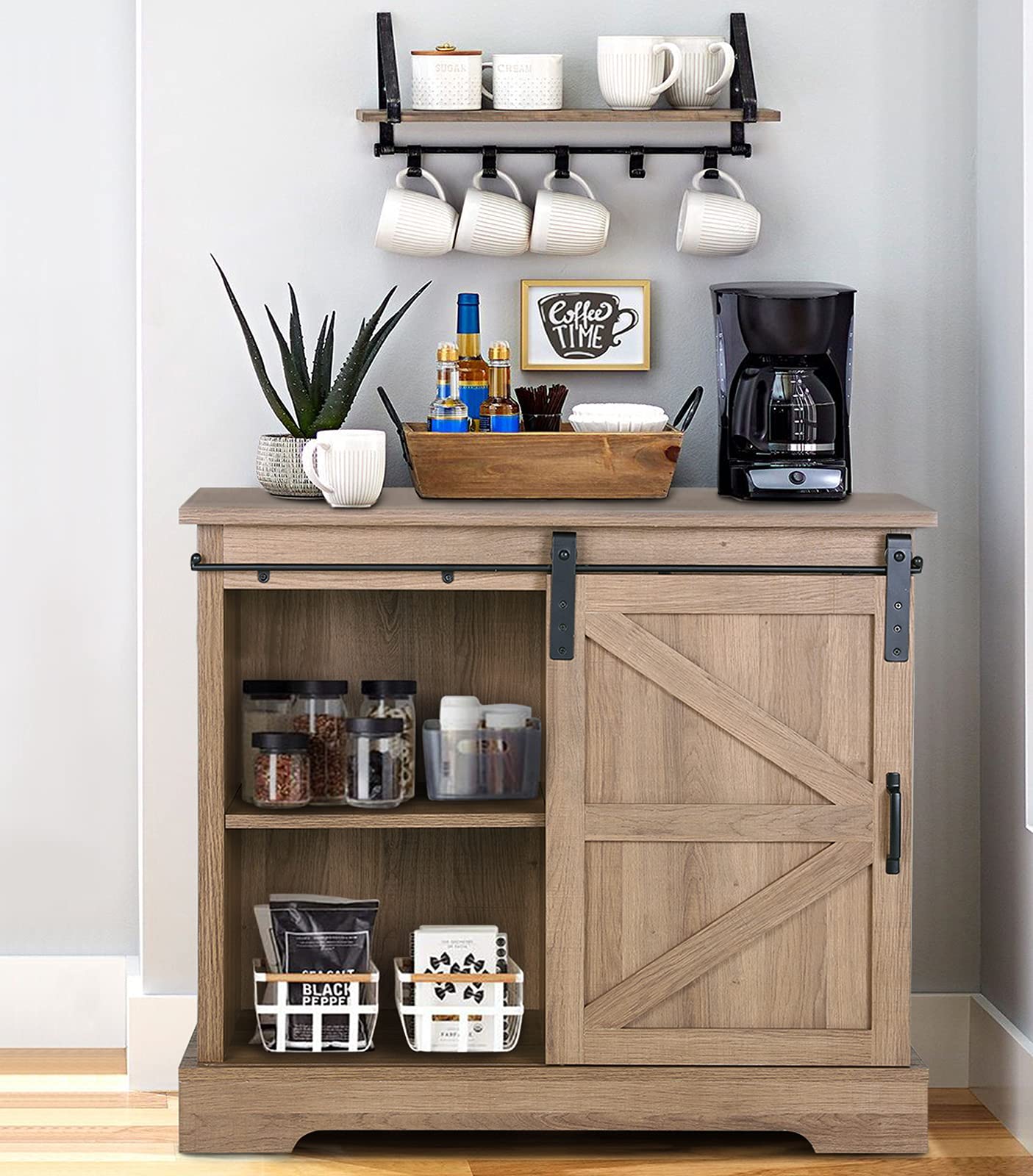 Farmhouse Coffee Bar Sliding Barn Door Kitchen Sideboard