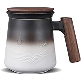 ZENS Tea Mug with Infuser and Lid for Loose Leaf Tea Steeper, 14.5 oz Embossed Ceramic Tea Cup with Fine Strainers and Wood Handle, Diffusers Accessories for Tea Lovers Gifts