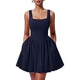 YMDUCH Women's Summer Sleeveless Square Neck A-line Ruffle Hem Mini Tank Dress with Pockets
