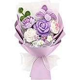 FUCAN Crochet Flowers,Finished Bouquet Crocheted Cotton Thread Flowers, Handmade Crochet Rose Tulip Fern Leaf as a Gift for Lover, Friends. Artificial Flower (Purple)