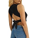 Remidoo Women's Casual Sleeveless Crewneck Ribbed Knit Tie Back Crop Tank Top