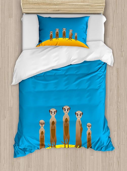 Lunarable Meerkat Duvet Cover Set, Cartoon Graphic of Funny
