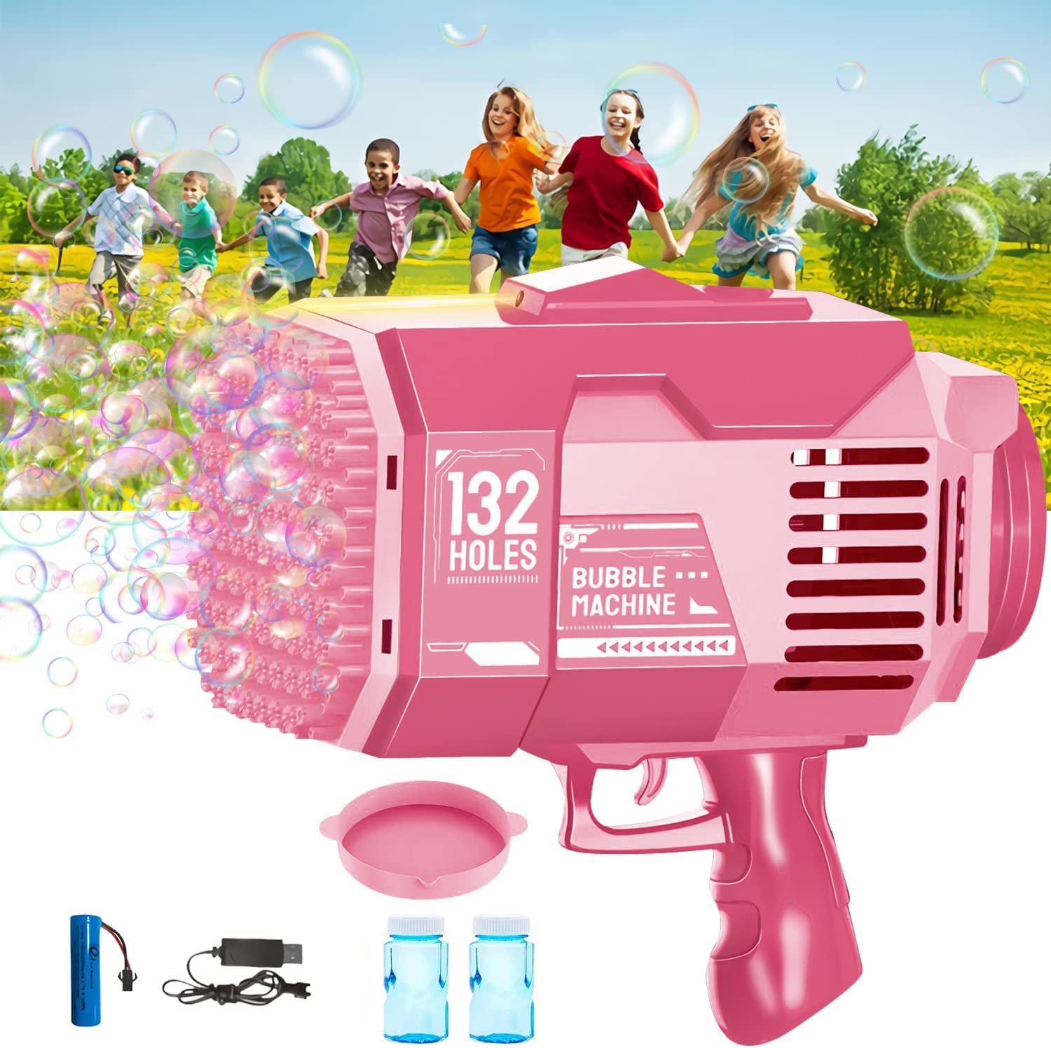 LAYPUNY 132 Holes Gatling Bubble Gun, Kids Toys Electric Bubble Machine Gun Launcher with Colorful Lights/Bubble Liquid for Adults Children Playing Garden Wedding Indoor Outdoor Party Outing - Pink
