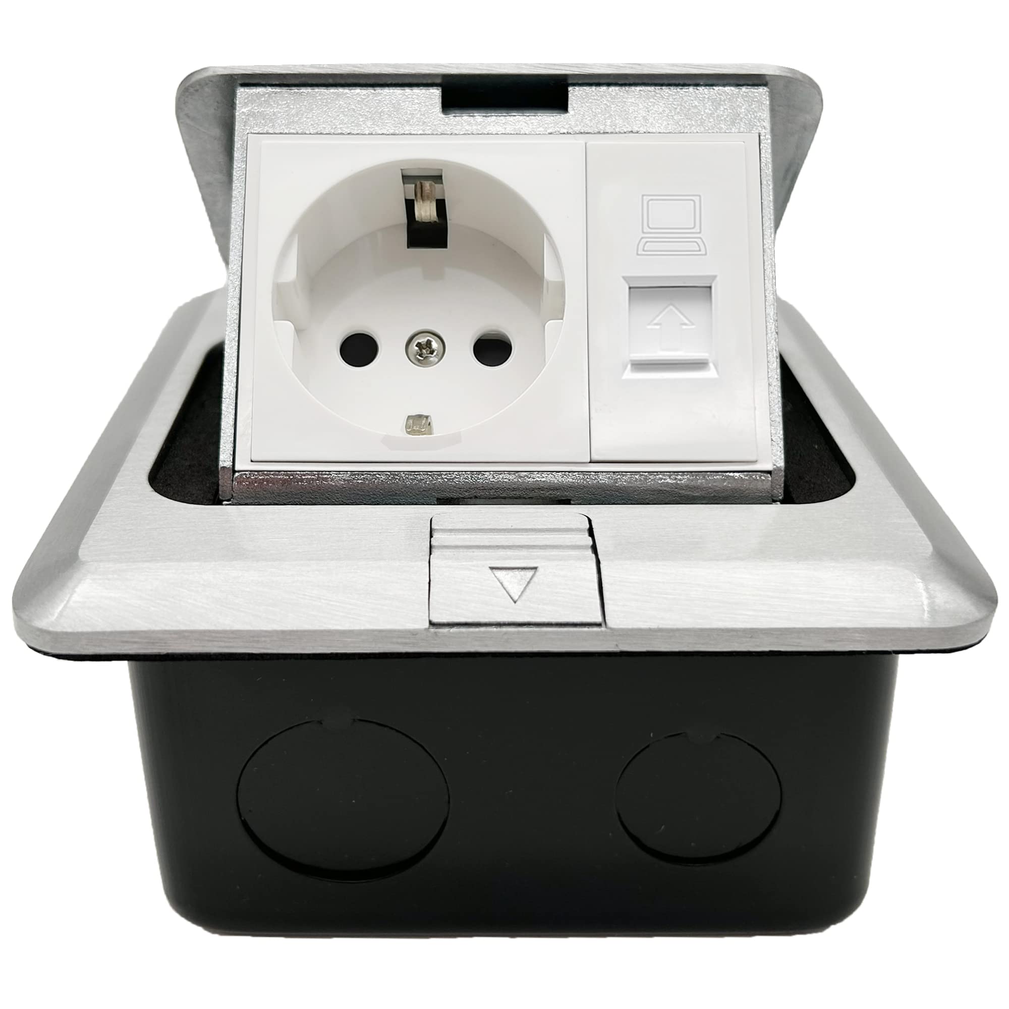 Funey 2-way recessed socket floor socket, 1 socket + 1 network, retractable socket floor socket, for floor, table, office, worktop, restaurant, supermarket, library, cafe, exhibition