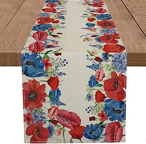Artoid Mode Corn Poppy Flowers Table Runner, Seasonal Spring Summer 4th of July Patriotic Memorial Day Independence Day Kitchen Dining Table Decorations for Home Party Decor 13 x 72 Inch