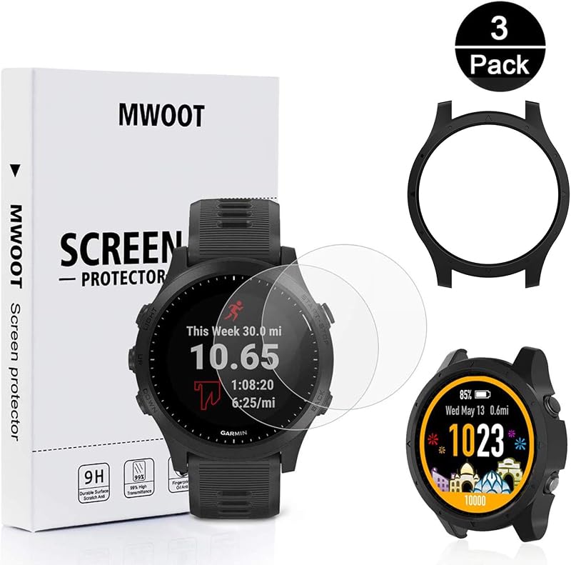 MWOOT 2PCS Glass Screen Protector + Black Case for Garmin Forerunner 945
