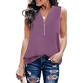 Timeson Sleeveless Dress Shirts for Women,Women's Blouses for Office Work Business Casual Chiffon Tanks Tops Ladies Office Wear Summer Tunic Tops V Neck Zipper Professional Career Sheer Camisole Tops
