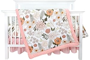 HNHUAMING 4-Piece Crib Bedding Set for Girls, Pink Baby Girl Bedding Set with Crib Skirt, Baby Quilt, Crib Sheet and Diaper Stacker, Daisy Flower