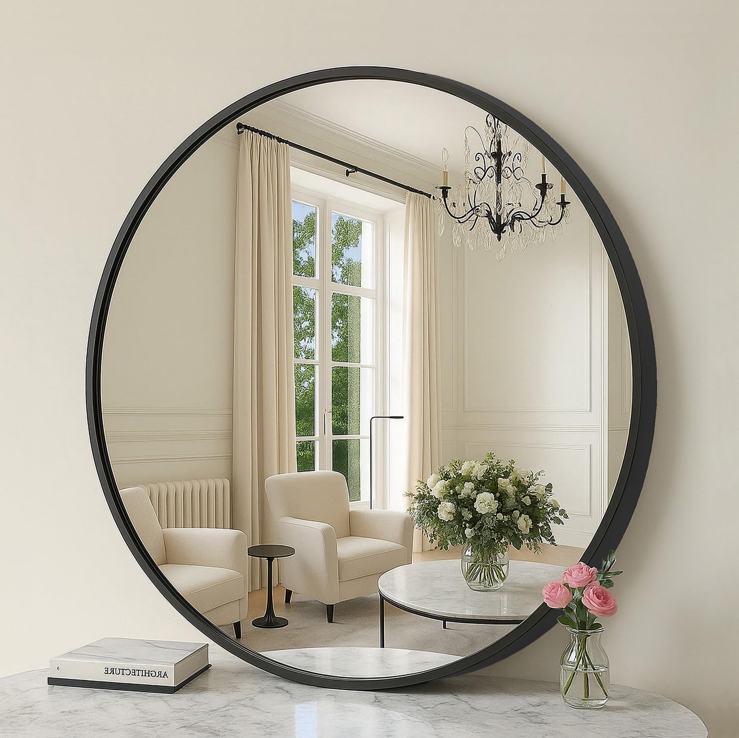 SONGMICS Bathroom Round Mirror for Wall, 20 Inches Black Circle Mirror，Metal Frame,for Bathroom Over Sink, Living Room, Bedroom, Entryway, Hallway, Ink Black ULWM101B01 Image