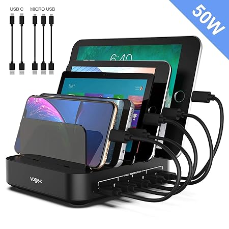 VOGEK Multi USB Ladestation, 5 Ports 50W Handy Ladestation Smart Ladestation Dock & Organizer für mehrere Geräte Handy Tablet