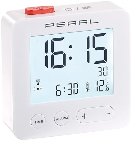 PEARL Reise Funkwecker: Digitaler Reise-Funk-Wecker mit Thermometer und beleuchtetem Display (Digitaler Funkwecker)