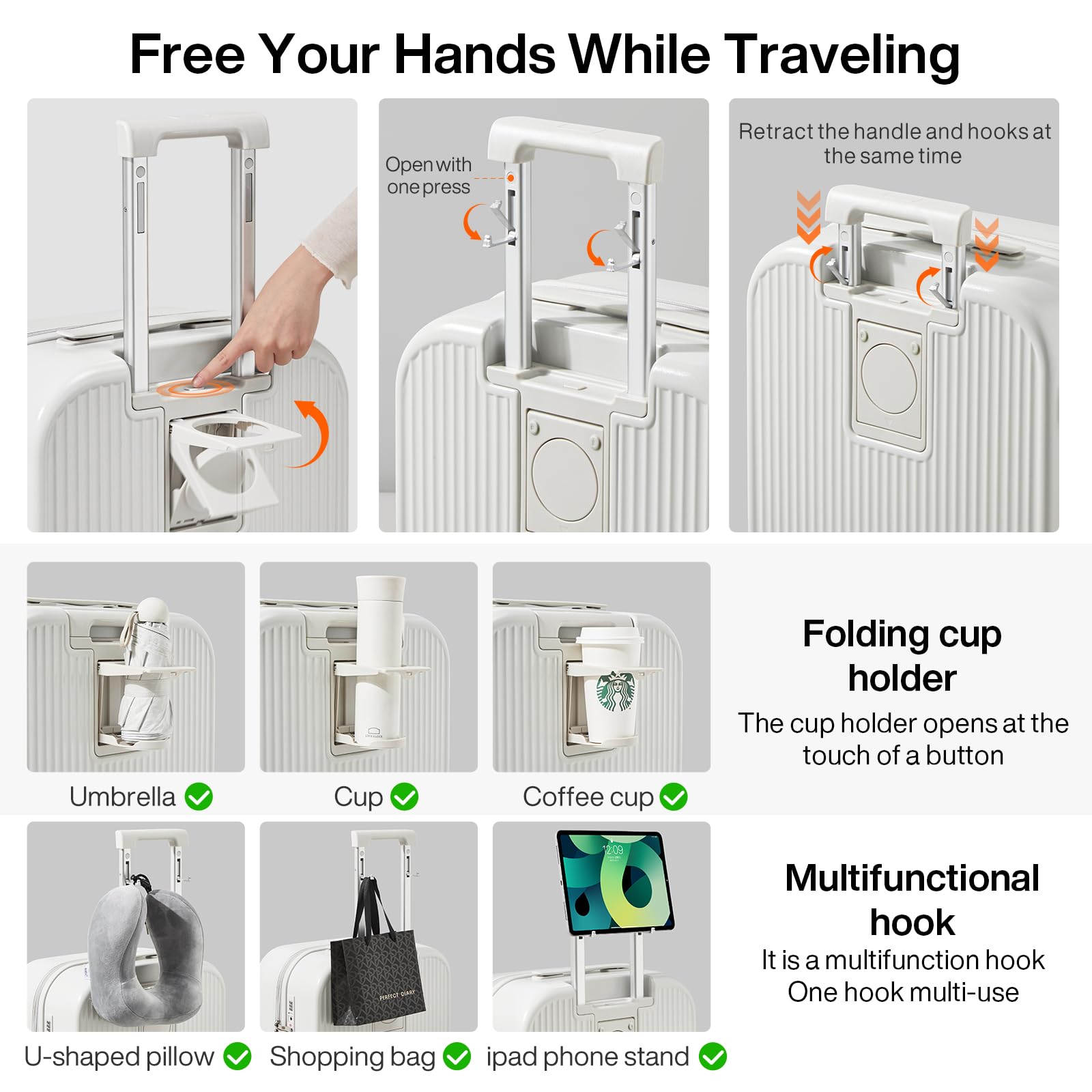 mixi Carry On Luggage with Cup Phone Holder Hard Shell Rolling Travel Suitcase with Spinner Wheels,20 Inch Smoke White