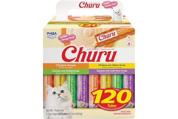 INABA Churu Cat Treats, Lickable, Squeezable Creamy Purée with Vitamin E, 14 Grams per Tube, 120 Tubes Total, Chicken Variety