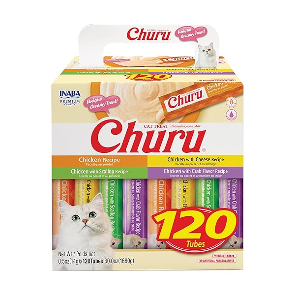 INABA CHURU CAT TREATS, LICKABLE, SQUEEZABLE CREAMY PURÉE WITH VITAMIN E, 0.5 OUNCES PER TUBE, 120 TUBES TOTAL, CHICKEN VARIETY