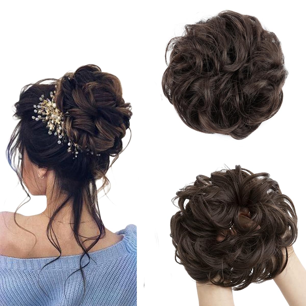 prinfantasy Hair Extensions Hair Bun Curly Messy Bun Hair Extensions Thick Hair Pieces For Women Hair Updo Donut Chignons Dark Brown Hair Pieces Scrunchie for Women,GBFQ023