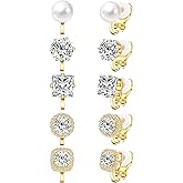 Cubic Zirconia Clip on Earrings - Women Hypoallergenic Comfortable Non Pierced Stud Earrings for Wedding and Dance Competitions, Clip-on Earrings Silver Gold