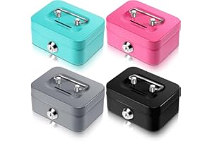 Tandefio 4 Pieces Small Money Box with Lock Metal Cash Box Piggy Bank with Lock and Slot 4.5 x 3.3 x 2 Inch Metal Coin Bank Gifts for Christmas New Year, Without Money Tray(Black, Green, Gray, Pink)