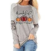 Thankful Greatful Blessed Pumpkin Baseball T-Shirt for Women Thanksgiving Leopard Stripe Splicing Sleeve Shirt