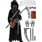 Wuclad Grim Reaper Costume Kids Boys,7 PCS Scary Halloween Costumes for Kid | Kids Grim Reaper Costume Set with Robe,Hood,Glowing Red Eyes,Grim Reaper Scythe,Chain,Notebook and Skeleton Gloves for Boys