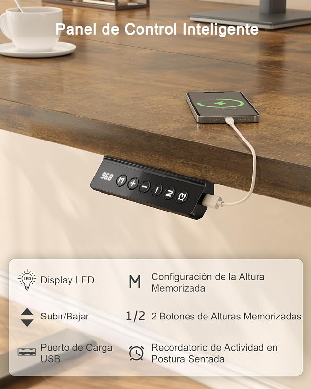 Escritorio Elevable Eléctrico con Cargador USB, Escritorio Regulable en Altura Ergonomica Escritorio de pie Ajustable Smart Panel con Funciones de Memoria, Standing Desk 100 x 60 cm, Marron — foto 8 de 8
