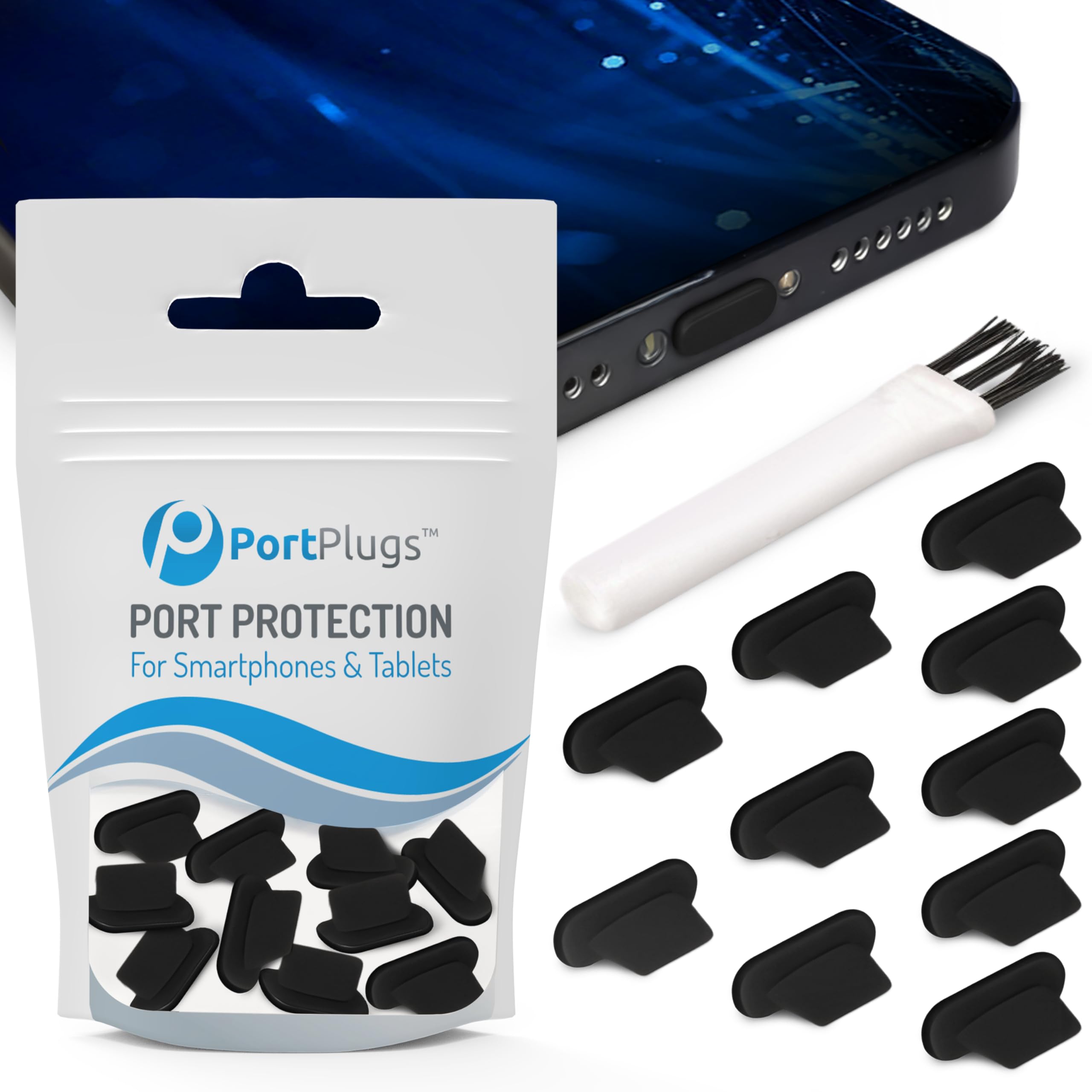 Photo 1 of PortPlugs Anti Dust Plugs (10 Pack) - includes Charging Port Cleaning Brush - Flat Design Port Protector Cover - Compatible w/iPhone 14, 13,12,11 & Air Pods - Black
