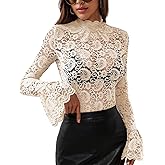 Women's Long Sleeve Lace Mesh Tops High Neck Sheer Blouse Sexy Floral Going Out Top