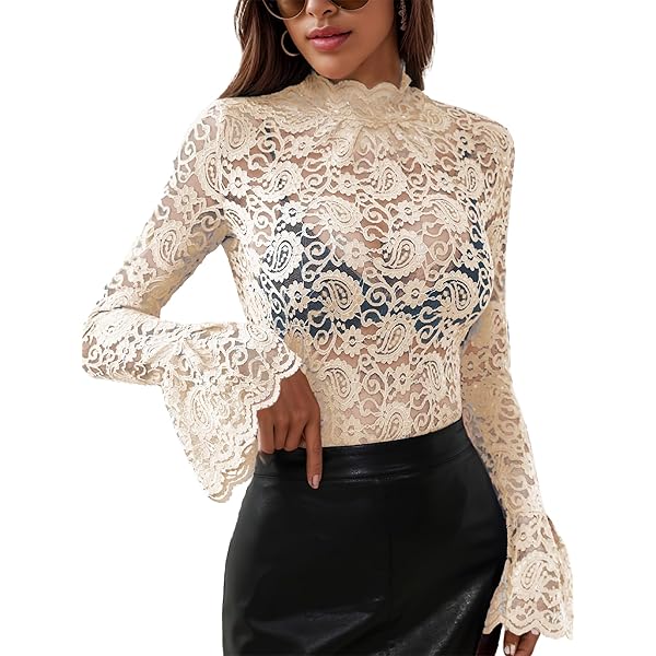 トップス BLOSSOM LACE TOPS Women's Lace Mesh Tops Dressy Casual Long Sleeve Floralr