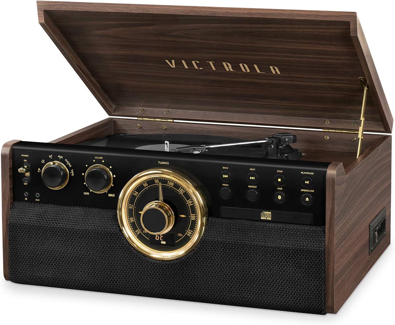 Victrola 6-in-1 Wood Bluetooth Mid Century Record Player with 3-Speed Turntable, CD, Cassette Player and Radio