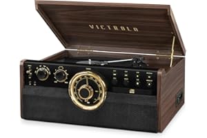 Victrola The Empire Mid-Century 6-in-1 Turntable & Multimedia Center with Built-in Speakers – 3 Speed, Bluetooth Connectivity, Radio, Cassette & CD Player, RCA Out, Headphone Jack (Espresso)