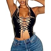 xxxiticat Women's Halter PU Leather Crop Top Lace Up Bandage Criss Cross Eyelet Cropped Faux Leather Tank Camisole Shirt