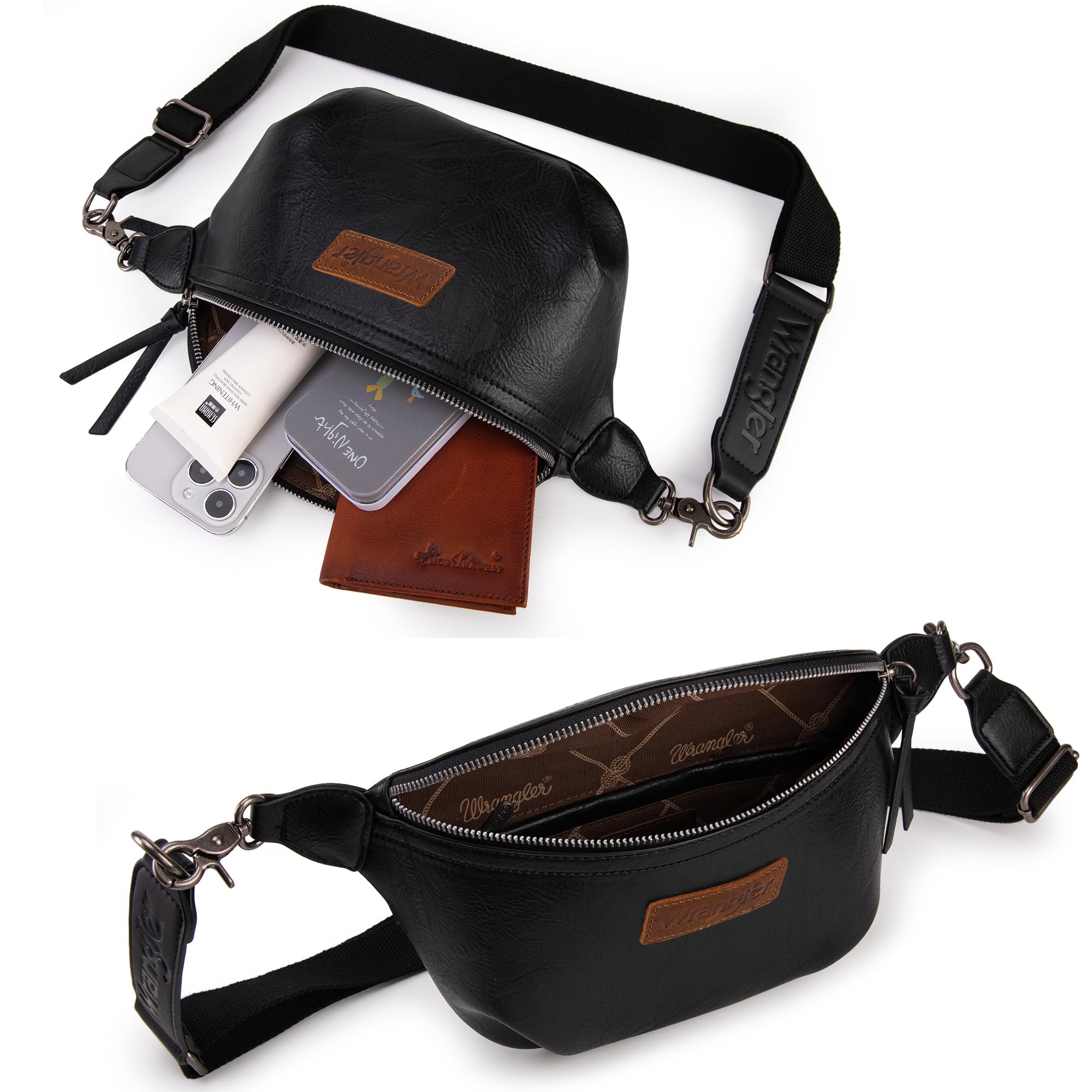 Wrangler Large Fanny Packs for Women Waist Bag Travel Belt Bags Crossbody Sling Purse Black