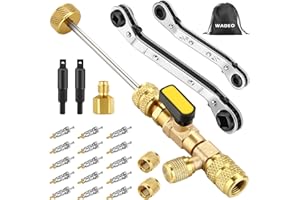 WADEO Valve Core Remover Tool & Hvac Service Wrench Set with Hex Bit Adapters, Dual Size SAE 1/4 & 5/16 Port, Hvac Tools with 15 PCS Valve Cores, 2 PCS Brass Nuts for HVAC Equipments Repair
