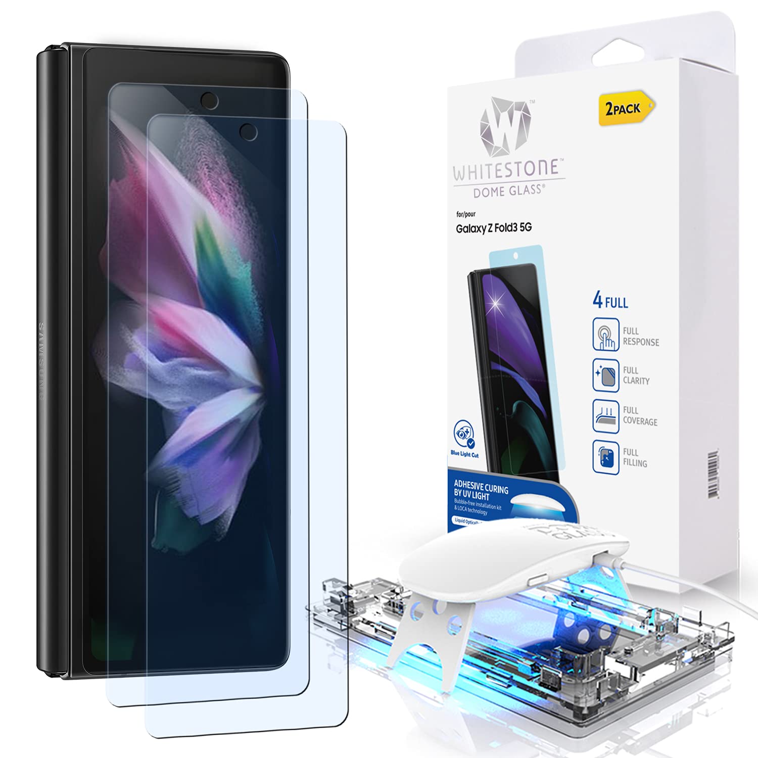DOME GLASS [2PACK + UV Lamp Included Whitestone Screen Protector for Samsung Galaxy Z Fold 3 2021 Full Tempered Glass Shield with Liquid Dispersion Tech - Two Pack