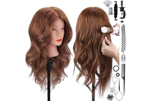 Mannequin Head with 100% Human Hair, SZCY LLC 18" Dark Brown Real Hair Cosmetology Mannequin Head Hair Styling Hairdressing Practice Training Doll Heads with Clamp Holder and Tools