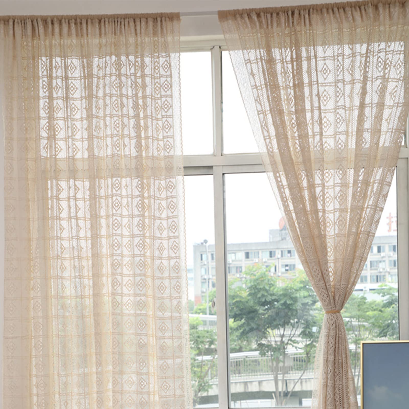 Yizunnu Rustic Crochet Curtains for Living Room Farmhouse Hollow Knitted Lace Curtain Panels for Bedroom Rod Pocket Boho Cotton Window Drapes for Doorway 1 Panel W180 X L260 cm