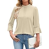 Funlingo Women's 3/4 Sleeve Tops Dressy Casual Mock Neck Tunic Shirt Business Office Work Blouses with Lace Cuffs